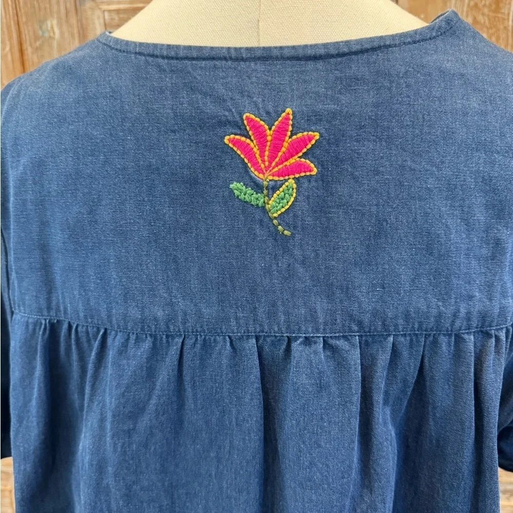Go Softly Patio Denim House Dress Floral Embroidery Sz L full zip Cottage-core - Picture 5 of 9